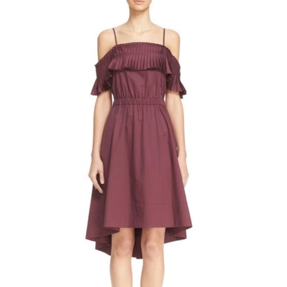 TIBI Dress Gown Cotton Poplin Off Shoulder High-Low Pleat Maroon Size 4 Medium